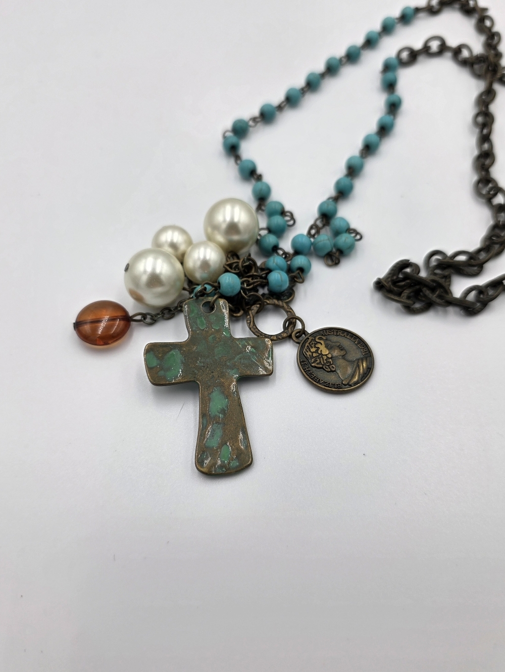 Boho Verdigris Cross Necklace Turquoise Bead Faux Pearl Coin Charm Long Bronze